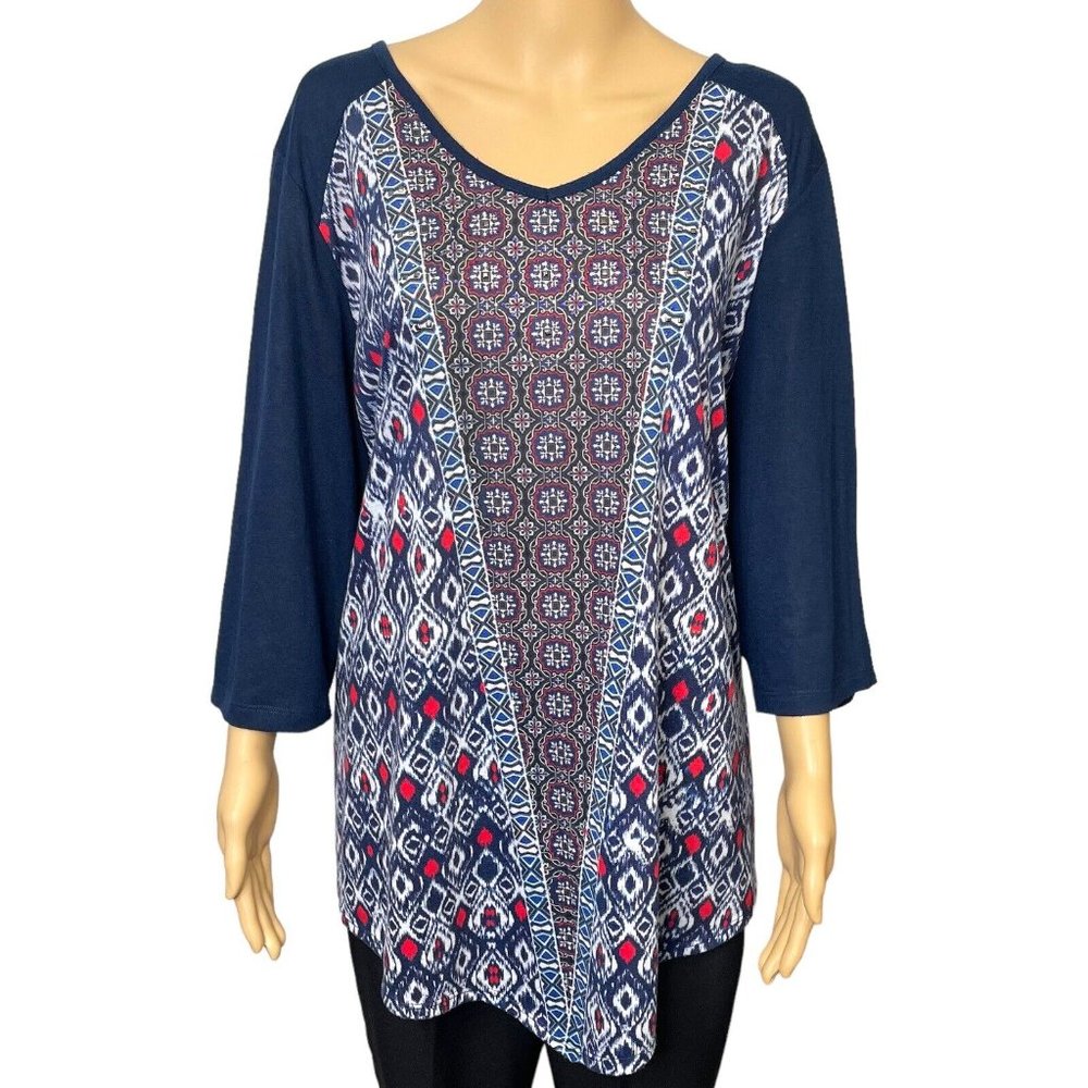 Catherines Womens 2X 22/24W Blue Rhinestone Embellished 3/4 Sleeve Blouse Shirt
